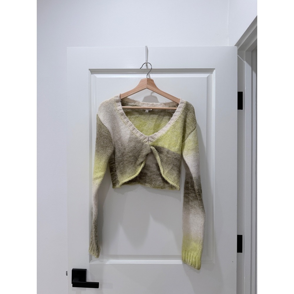 For Love & Lemons Ombre Twist Front Cropped Knit Sweater Green Brown Womens L
